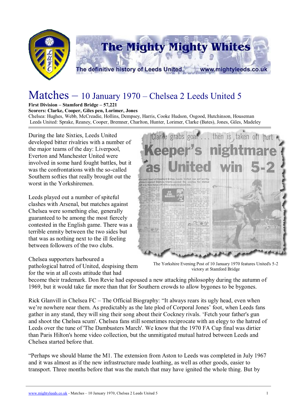 Matches – 10 January 1970 – Chelsea 2 Leeds United 5