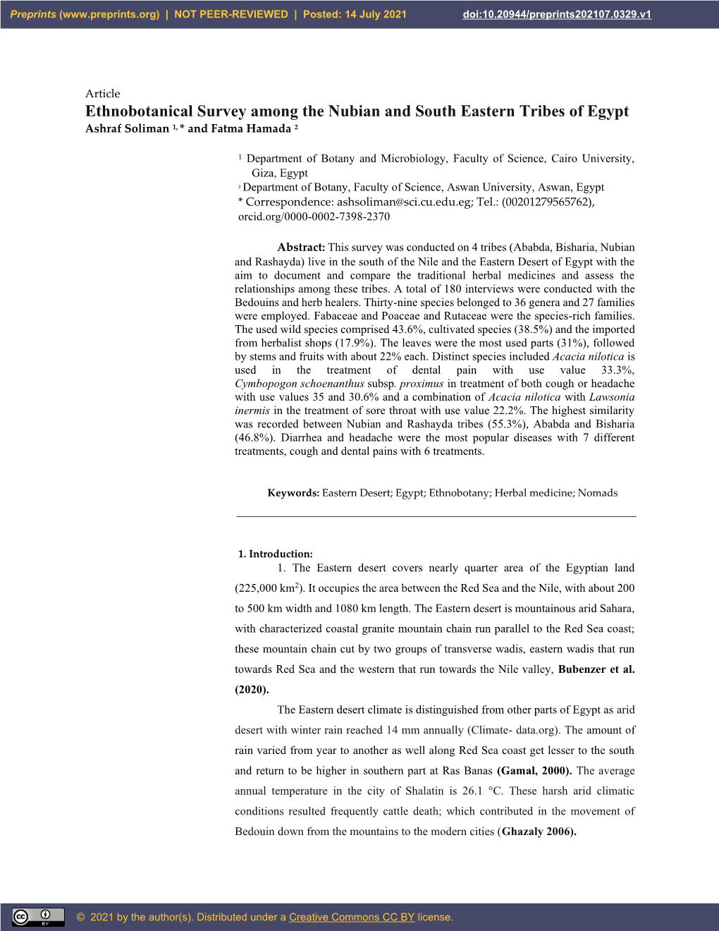 Ethnobotanical Survey Among the Nubian and South Eastern Tribes of Egypt Ashraf Soliman 1, * and Fatma Hamada 2