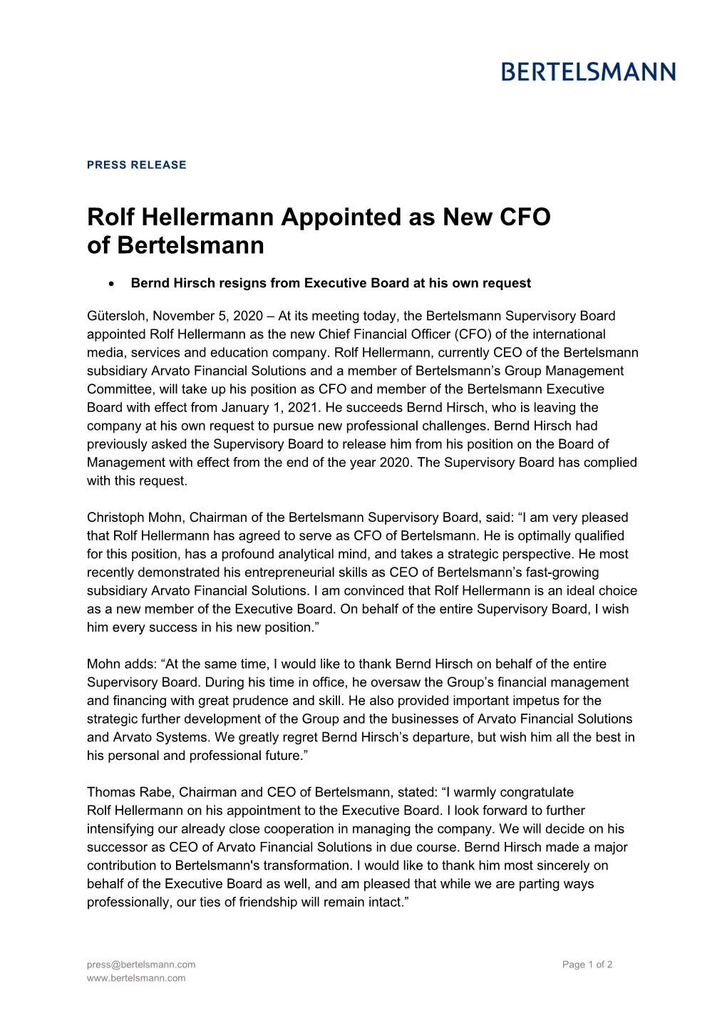 Rolf Hellermann Appointed As New CFO of Bertelsmann