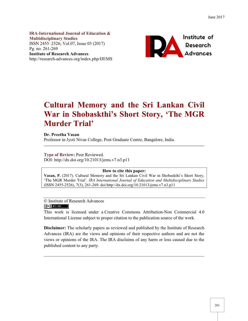 Cultural Memory and the Sri Lankan Civil War in Shobaskthi’S Short Story, ‘The MGR Murder Trial’