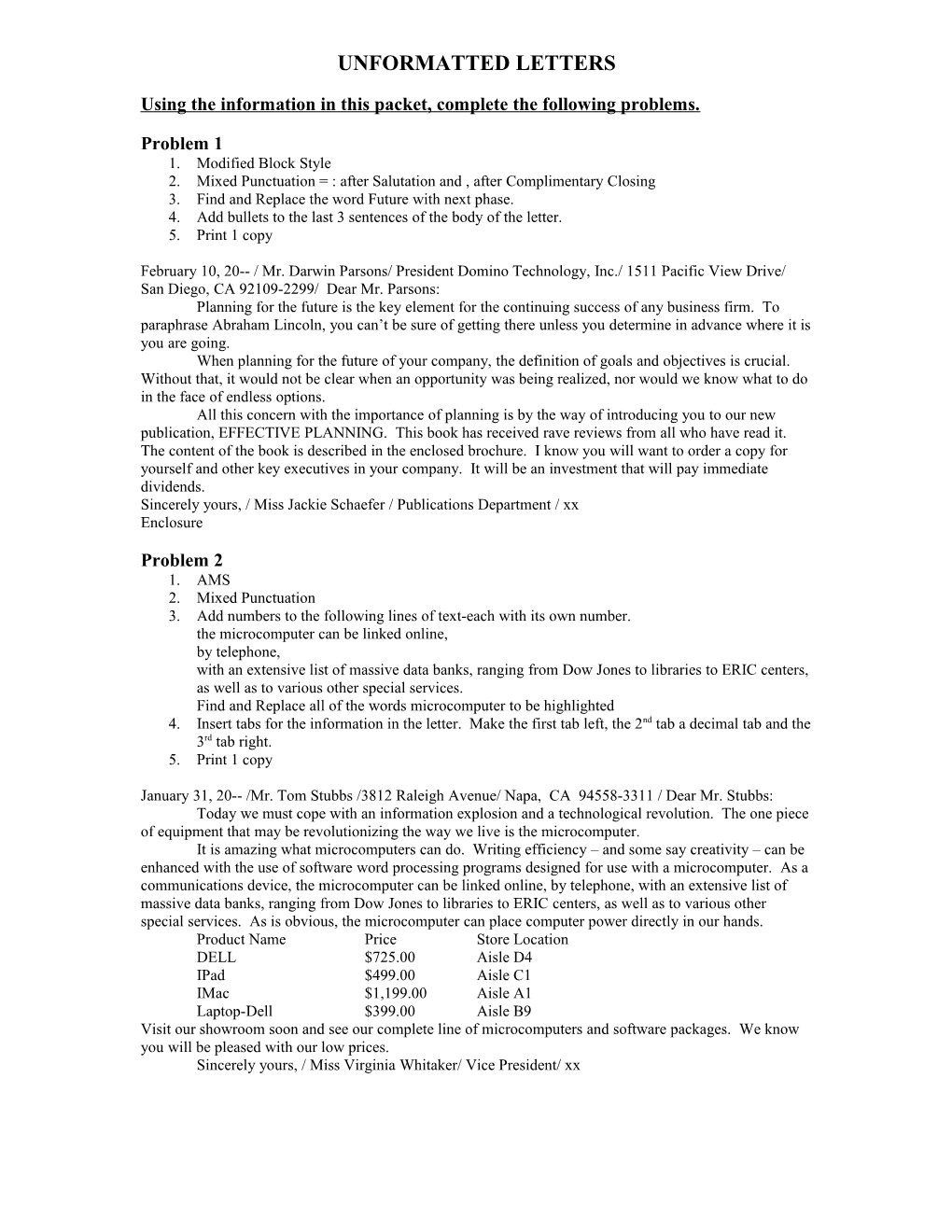 Using the Information in This Packet, Complete the Following Problems