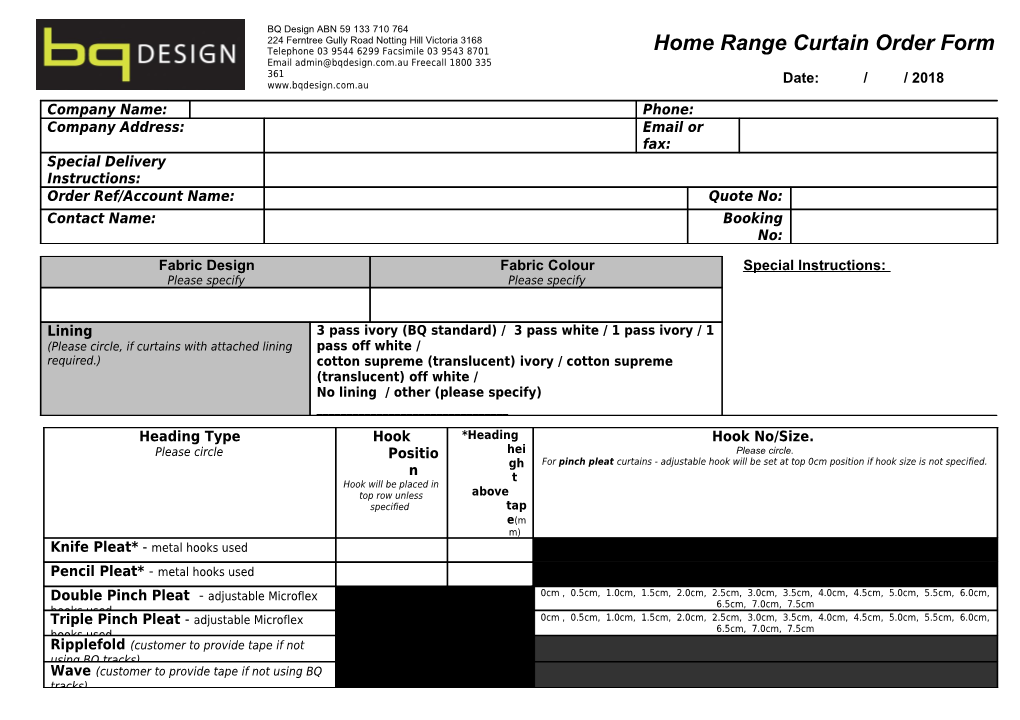 Curtain Order Form