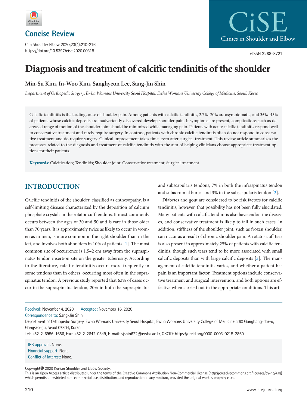 Diagnosis and Treatment of Calcific Tendinitis of the Shoulder