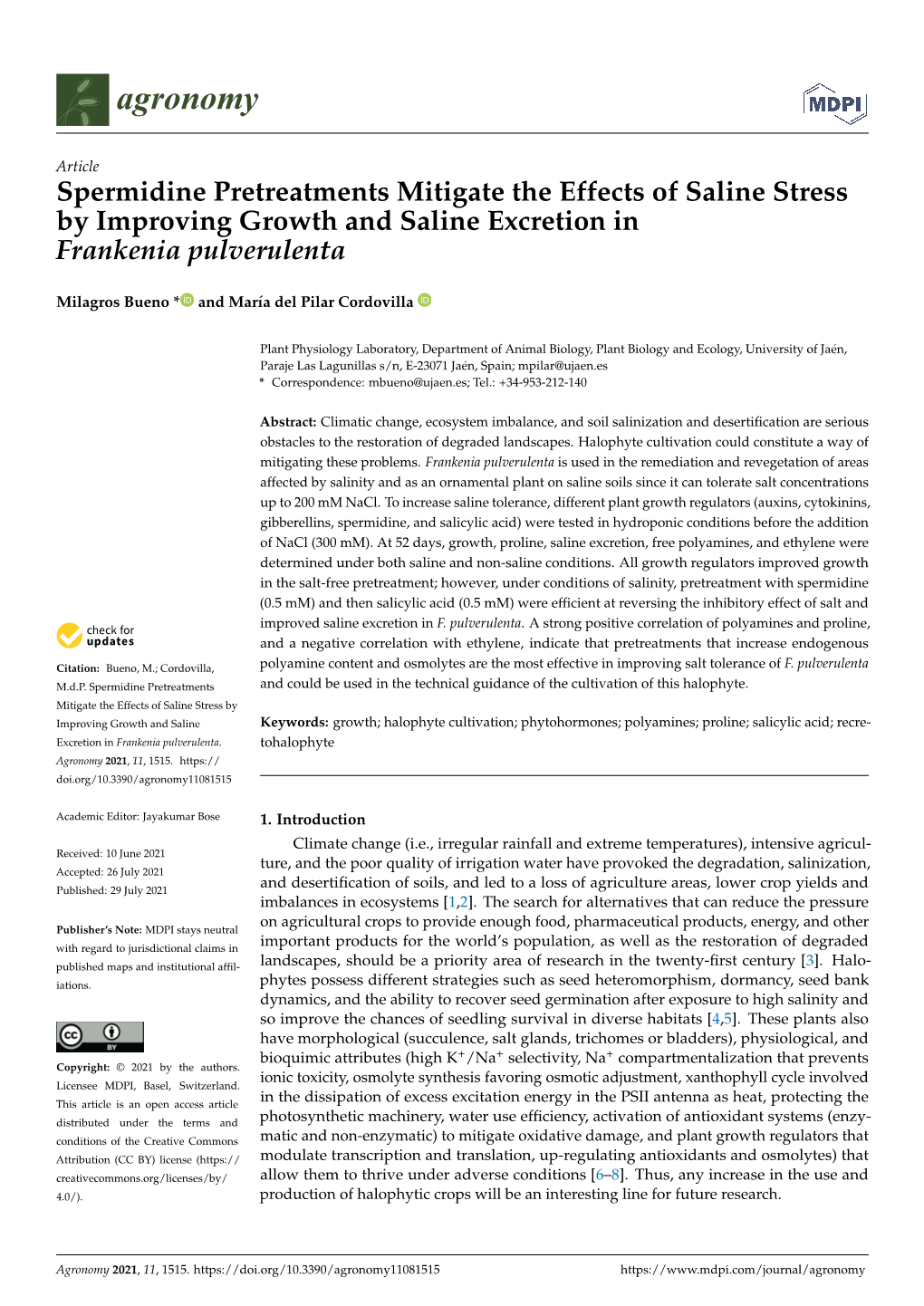 Spermidine Pretreatments Mitigate the Effects of Saline Stress by Improving Growth and Saline Excretion in Frankenia Pulverulenta