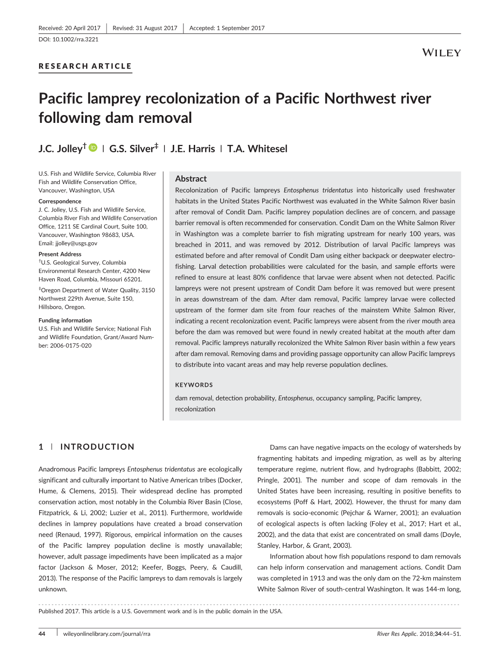 Pacific Lamprey Recolonization of a Pacific Northwest River Following Dam Removal