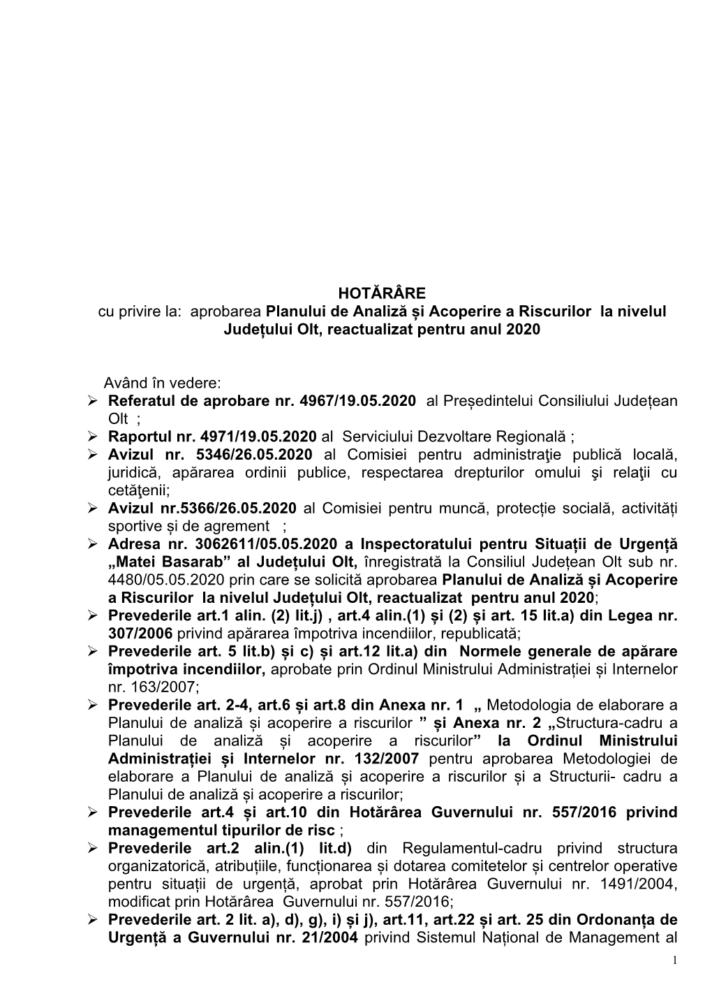 Aprobarea Planului De Analiză Și Acoperire a Riscurilor La Nivelul Județului Olt, Reactualizat Pentru Anul 2020