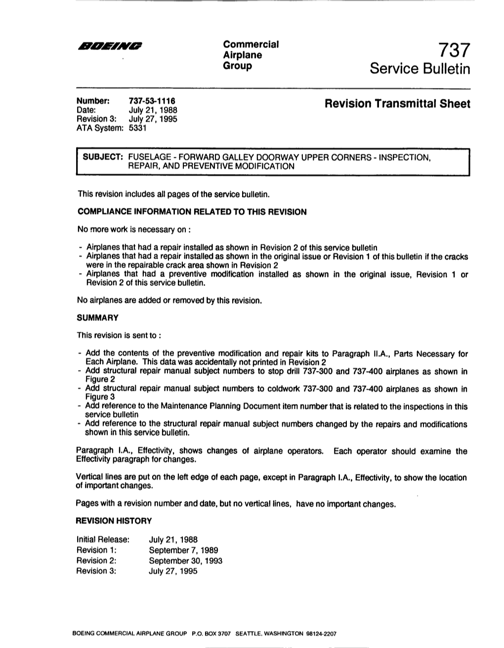 Revision Transmittal Sheet Date: July21, 1988 Revision 3: July 27, 1995 ATA System: 5331