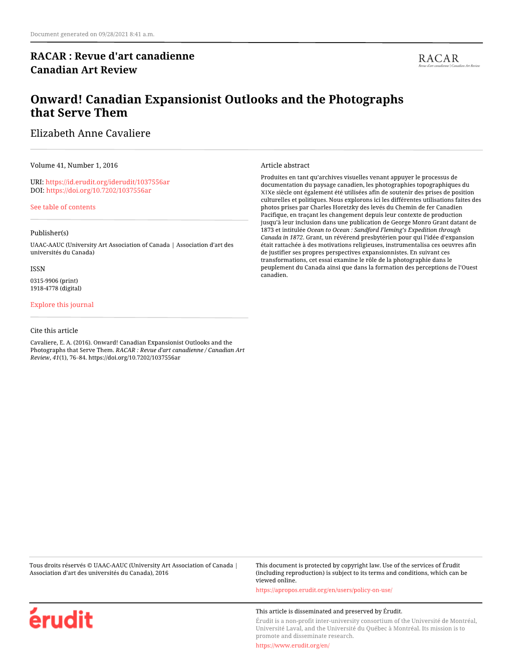 Canadian Expansionist Outlooks and the Photographs That Serve Them Elizabeth Anne Cavaliere