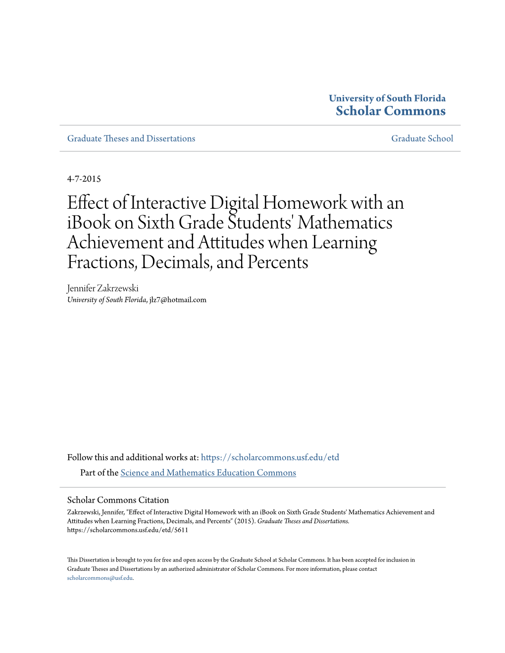 Effect of Interactive Digital Homework with an Ibook on Sixth Grade