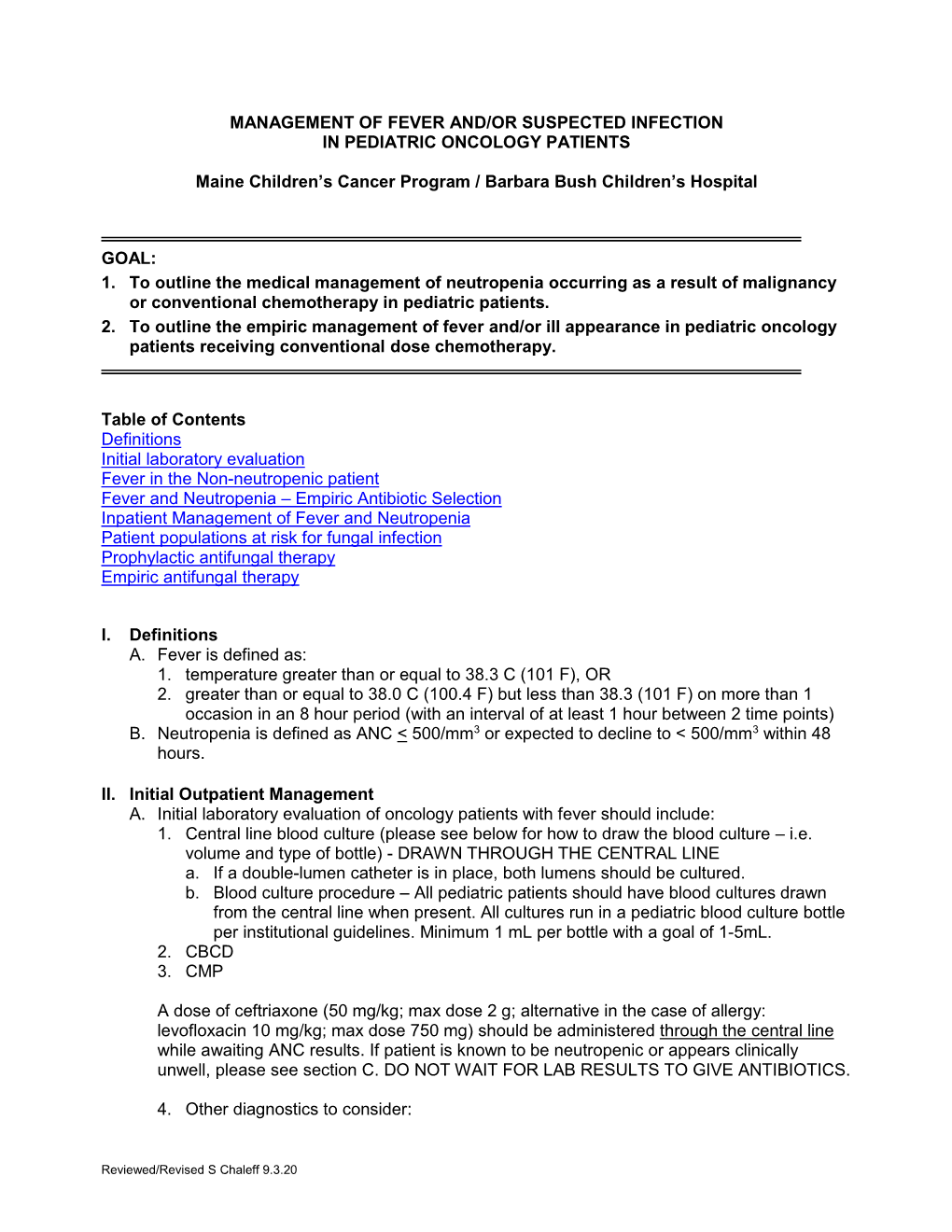 Management of Fever And/Or Suspected Infection in Pediatric Oncology Patients