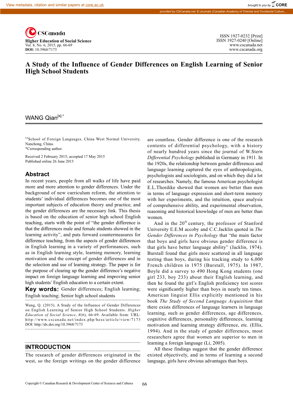 A Study of the Influence of Gender Differences on English Learning of Senior High School Students