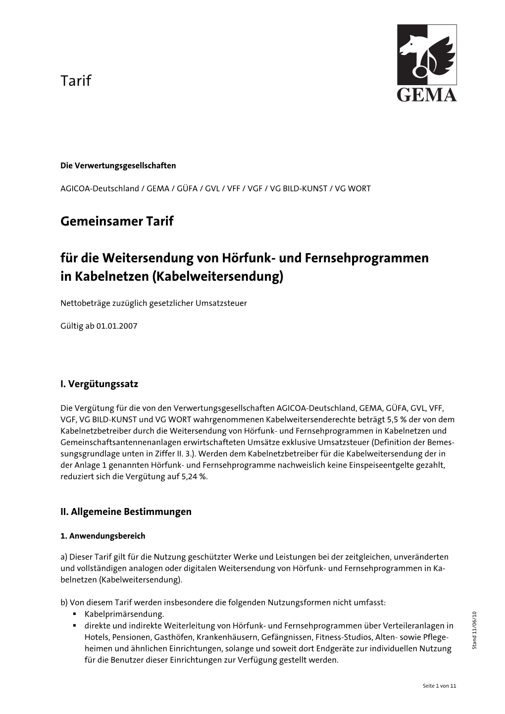 Tarif Kabelweitersendung