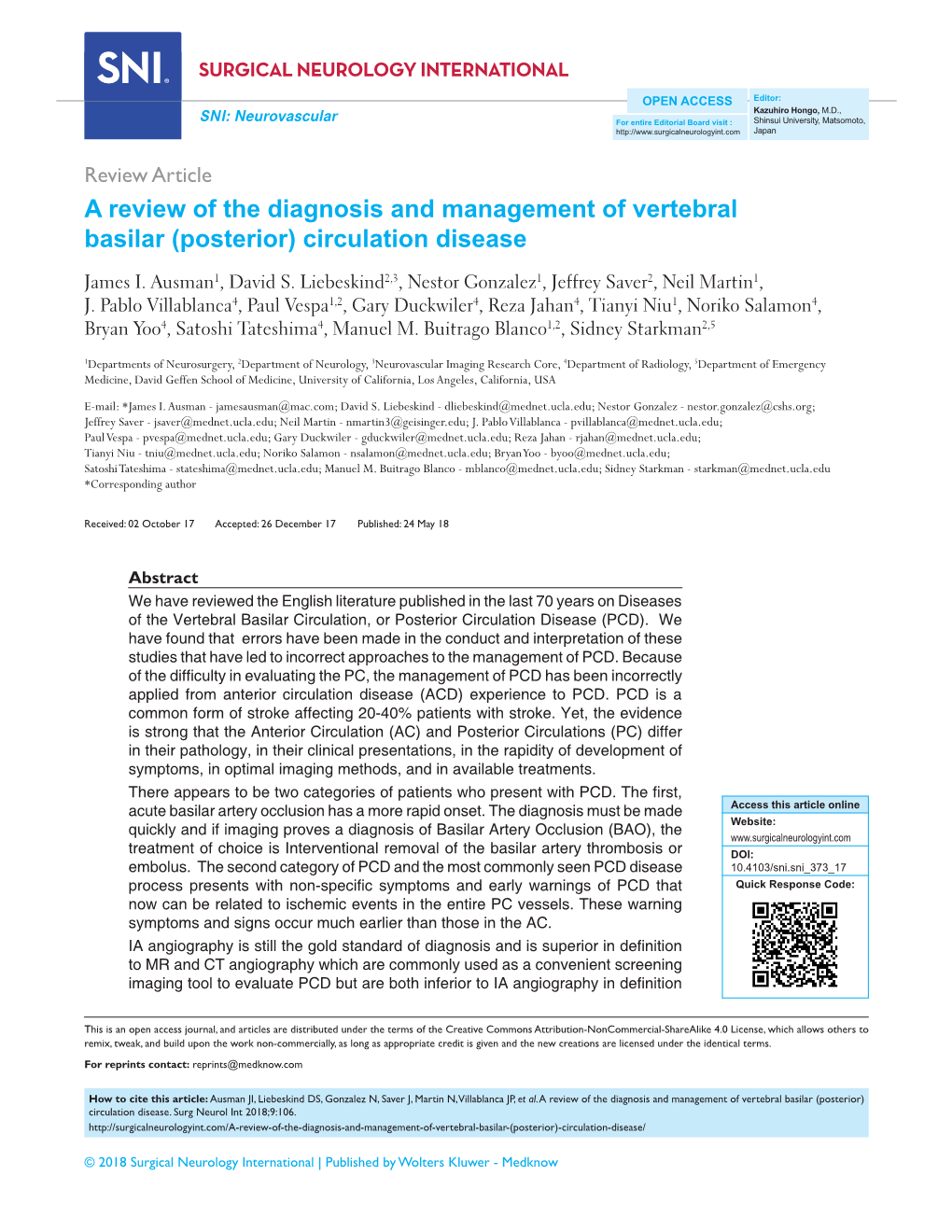 A Review of the Diagnosis and Management of Vertebral Basilar (Posterior) Circulation Disease James I