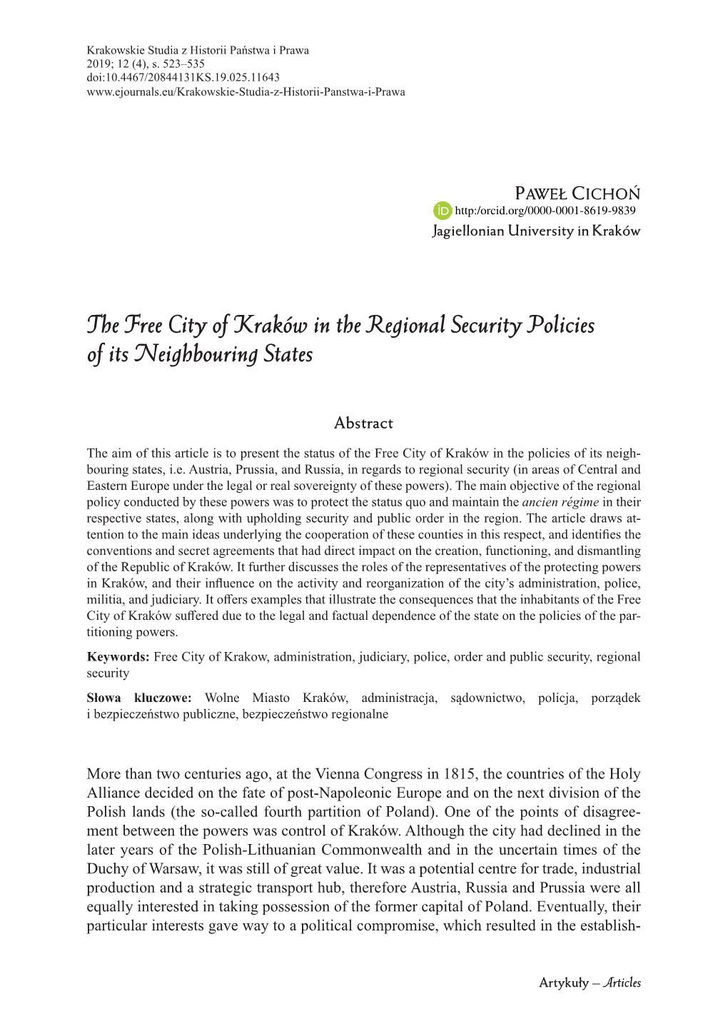 The Free City of Kraków in the Regional Security Policies of Its Neighbouring States