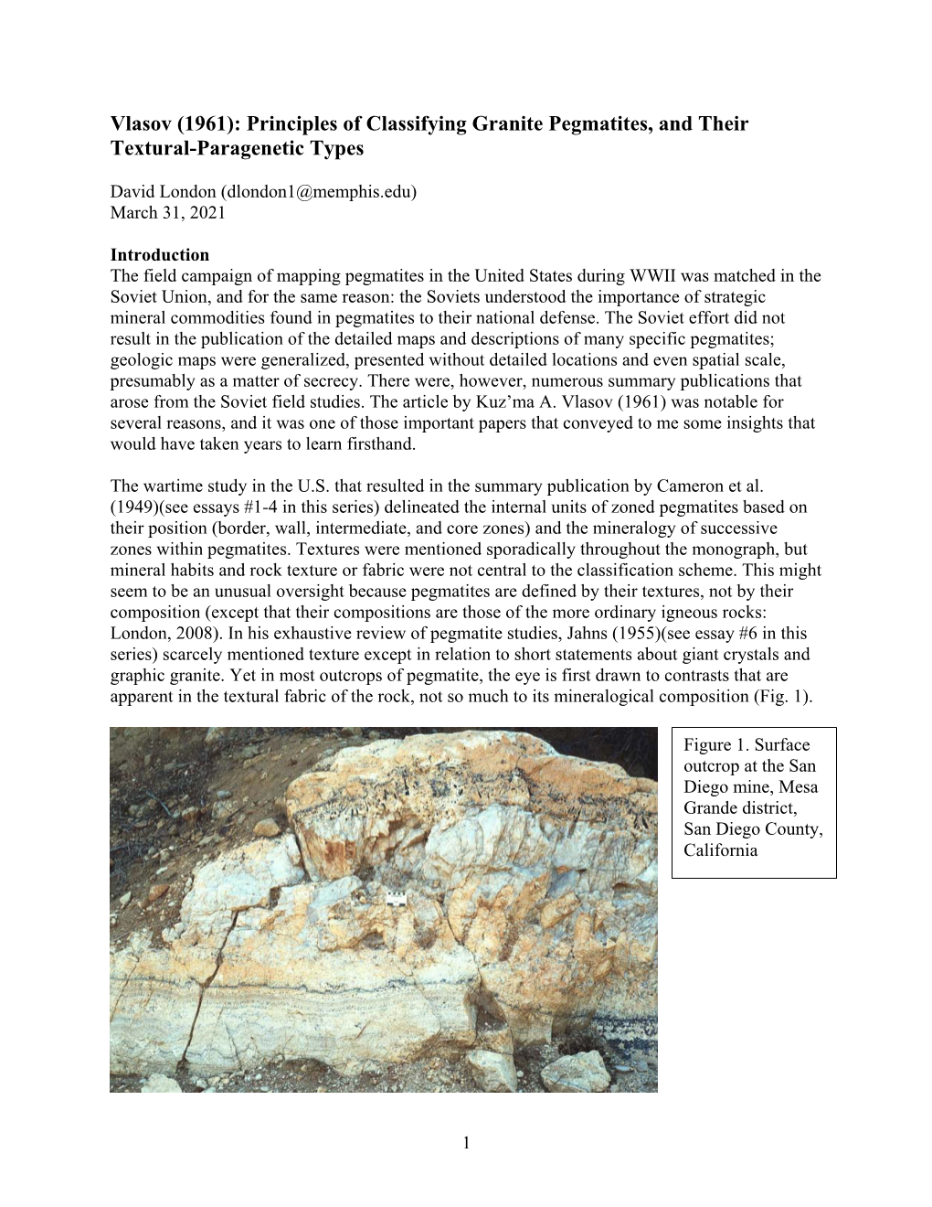 Vlasov (1961): Principles of Classifying Granite Pegmatites, and Their Textural-Paragenetic Types