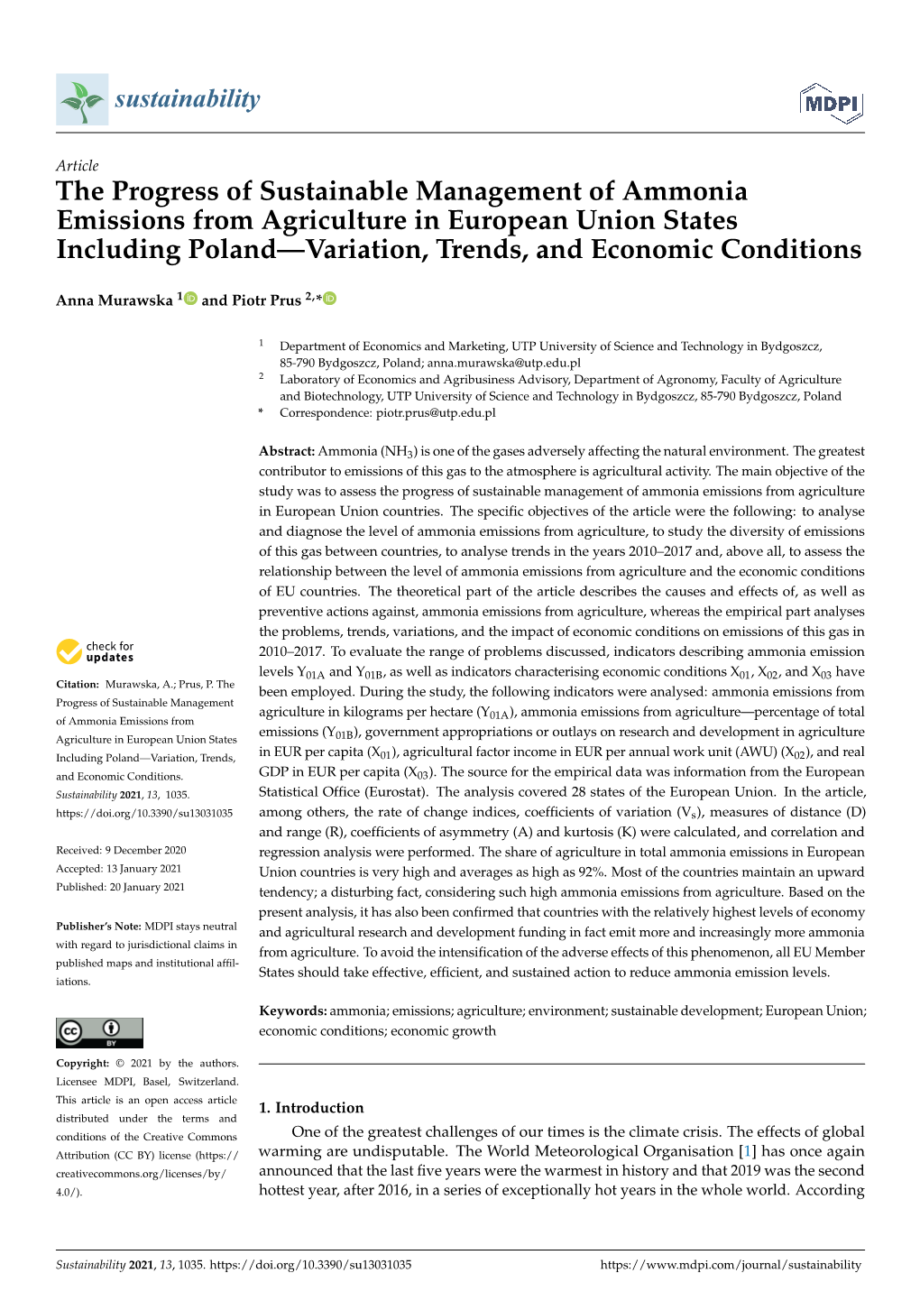 The Progress of Sustainable Management of Ammonia Emissions from Agriculture in European Union States Including Poland—Variation, Trends, and Economic Conditions