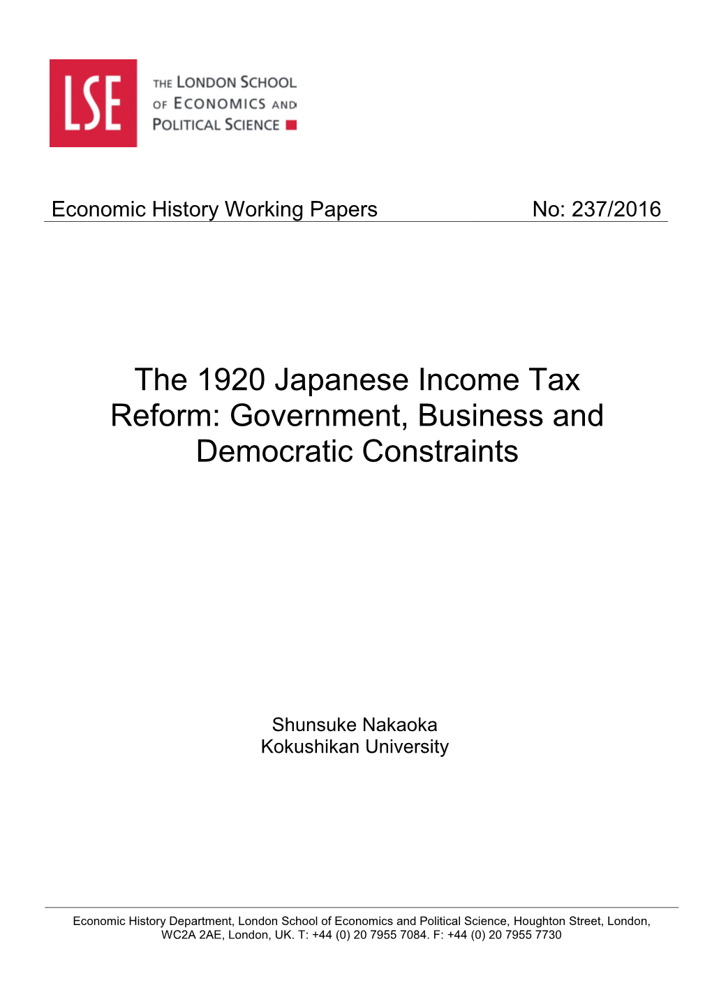 The 1920 Japanese Income Tax Reform: Government, Business and Democratic Constraints