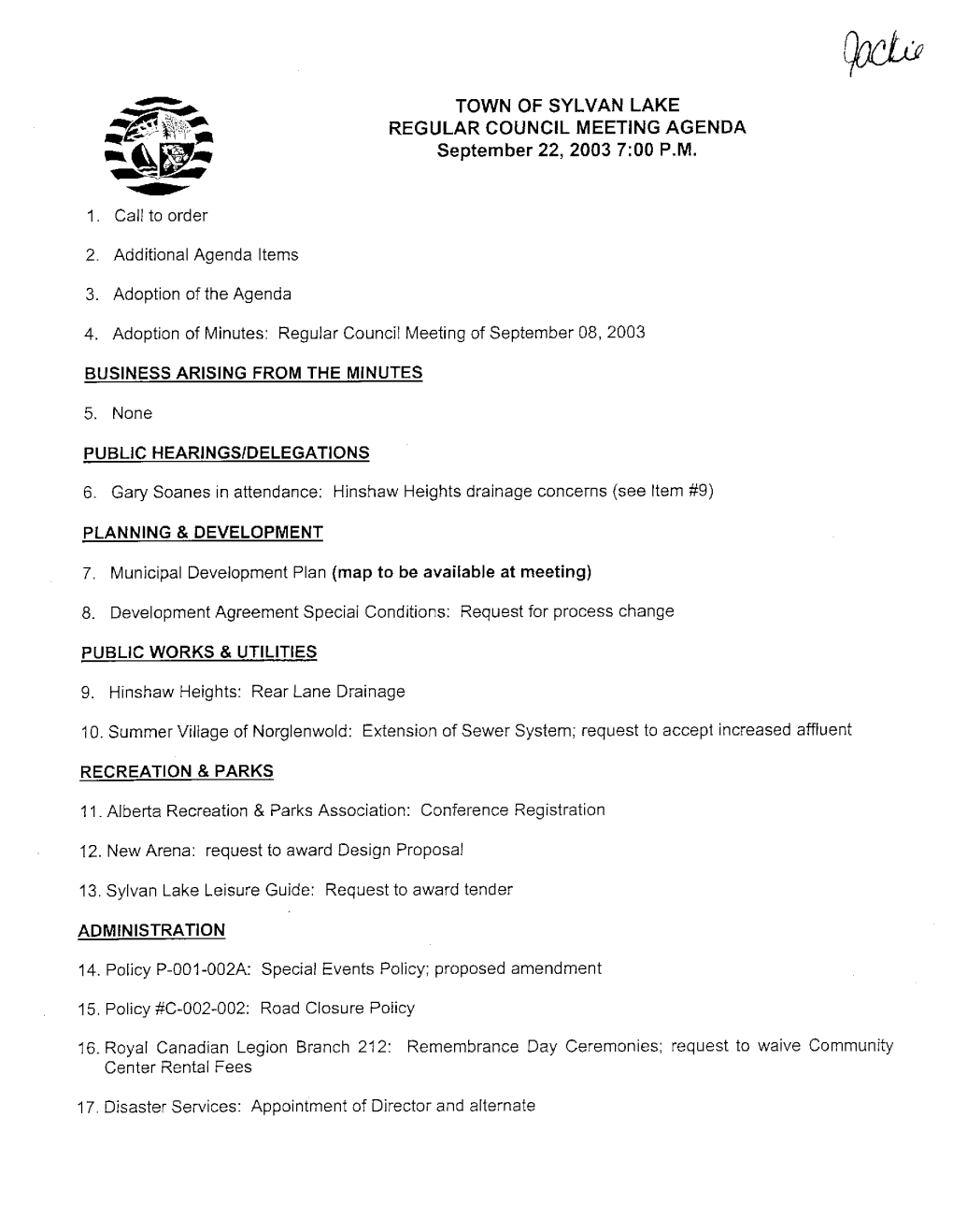 TOWN of SYLVAN LAKE REGULAR COUNCIL MEETING AGENDA September 22,20037:00 P.M