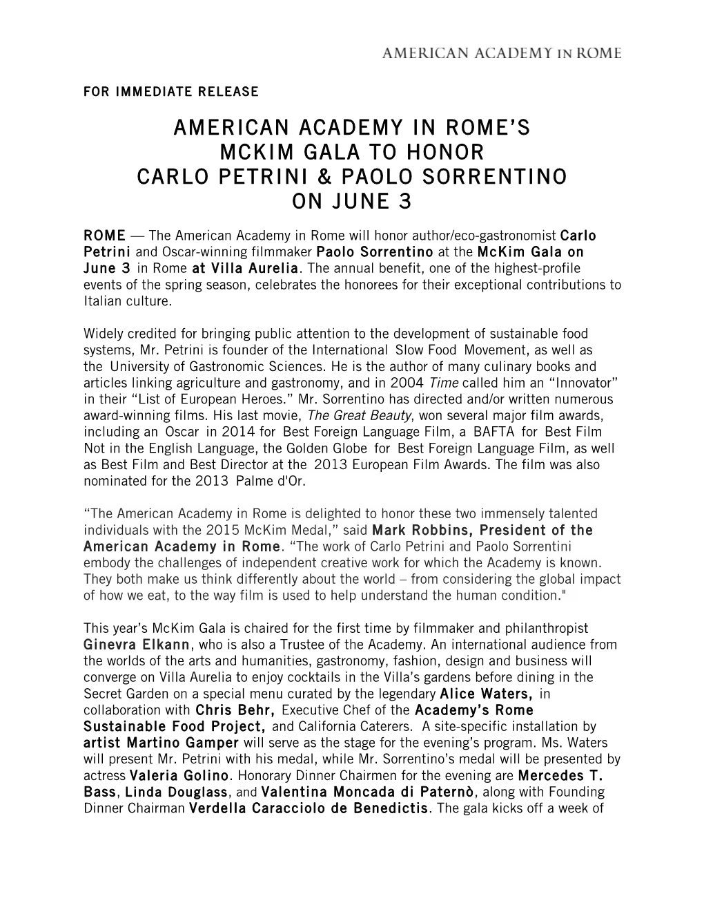 American Academy in Rome's Mckim Gala to Honor Carlo