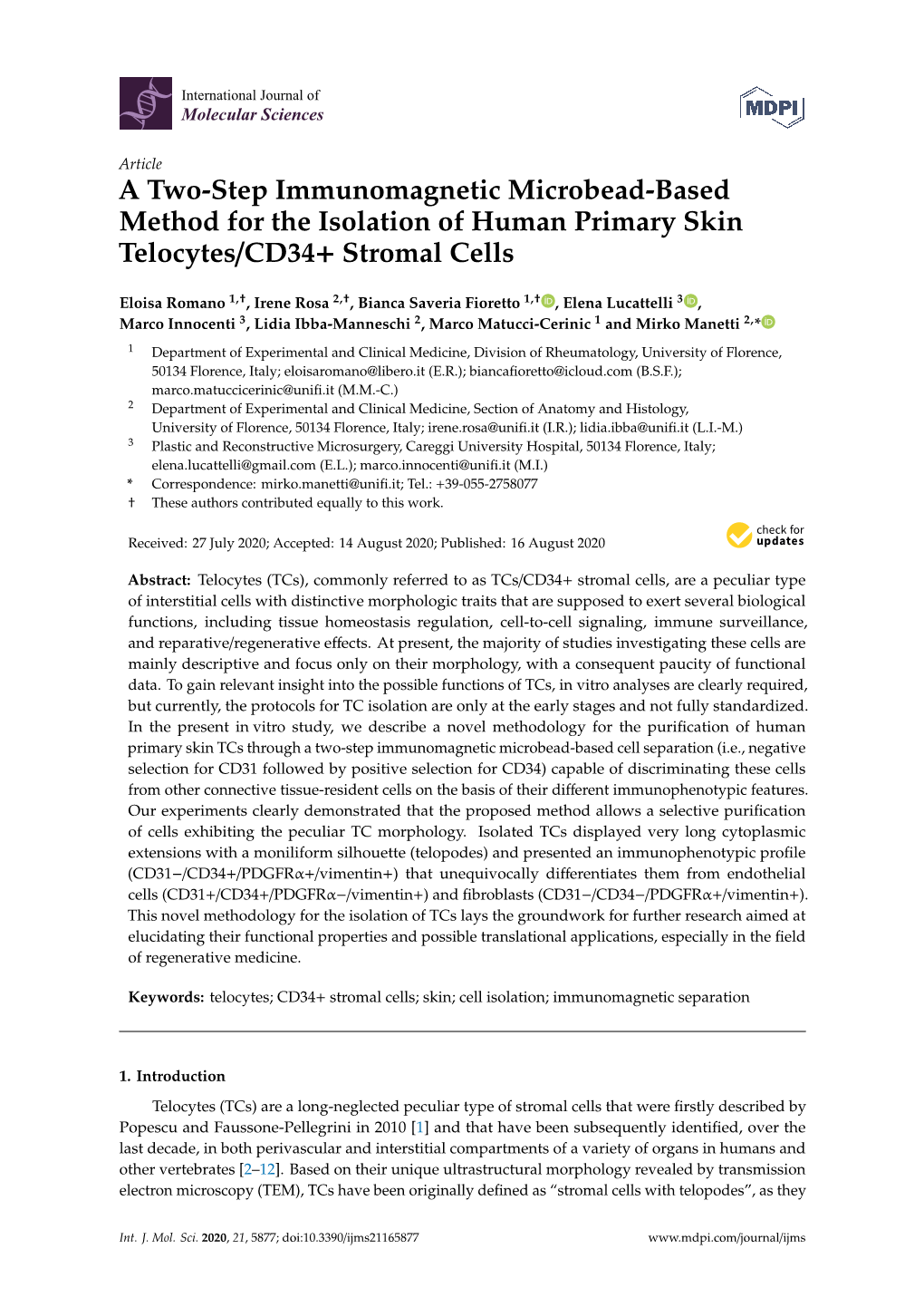 A Two-Step Immunomagnetic Microbead-Based Method for the Isolation of Human Primary Skin Telocytes/CD34+ Stromal Cells