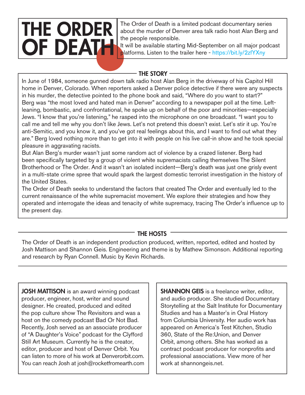 The Order of Death Is a Limited Podcast Documentary Series About the Murder of Denver Area Talk Radio Host Alan Berg and the People Responsible