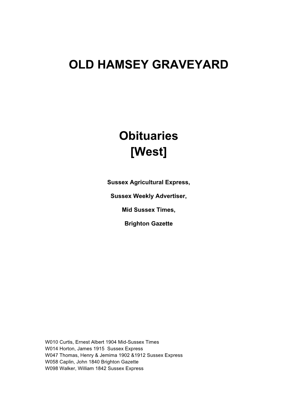 OLD HAMSEY GRAVEYARD Obituaries [West]