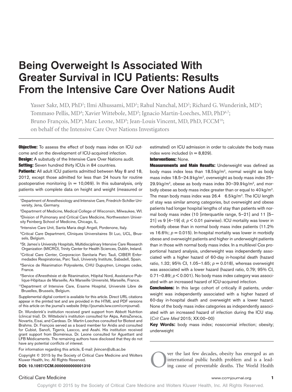 Being Overweight Is Associated with Greater Survival in ICU Patients: Results from the Intensive Care Over Nations Audit