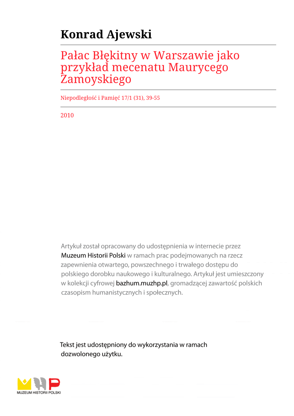 Konrad Ajewski Pałac Błękitny W Warszawie Jako Przykład Mecenatu Maurycego Zamoyskiego