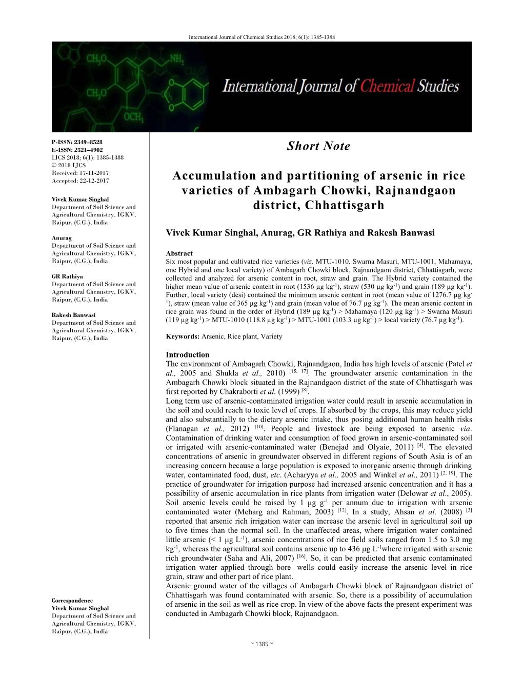 Short Note Accumulation and Partitioning of Arsenic in Rice