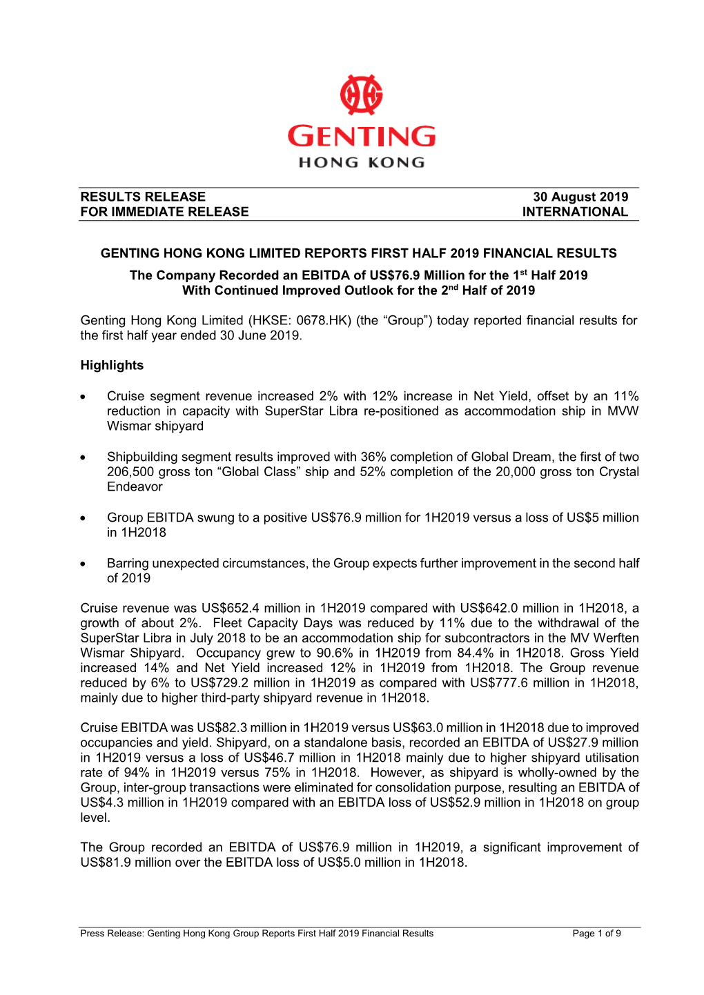 Genting Hong Kong Limited Reports First Half 2019 Financial Results