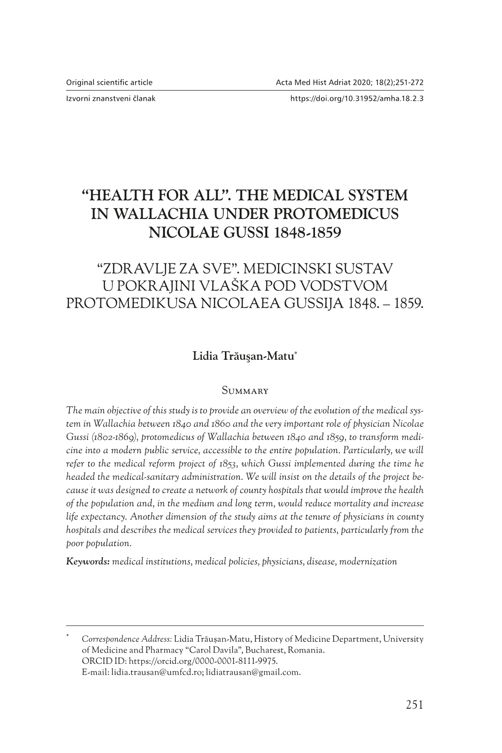 The Medical System in Wallachia Under Protomedicus Nicolae Gussi 1848-1859
