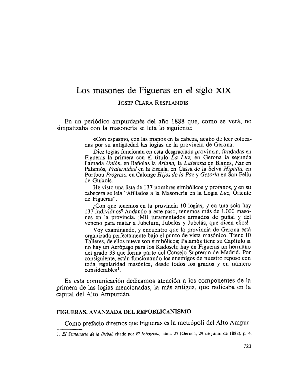 Los Masones De Figueras En El Siglo Xix