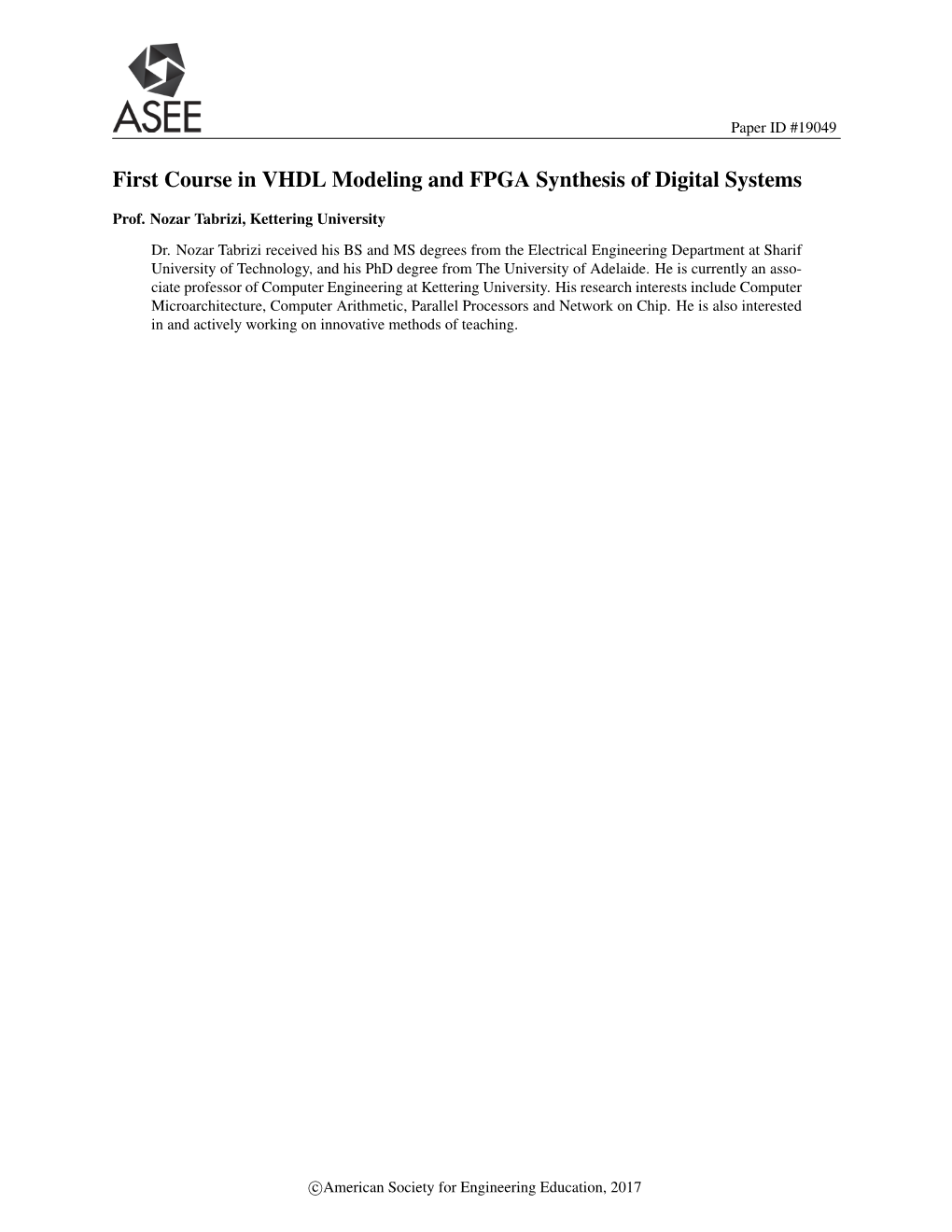 First Course in VHDL Modeling and FPGA Synthesis of Digital Systems