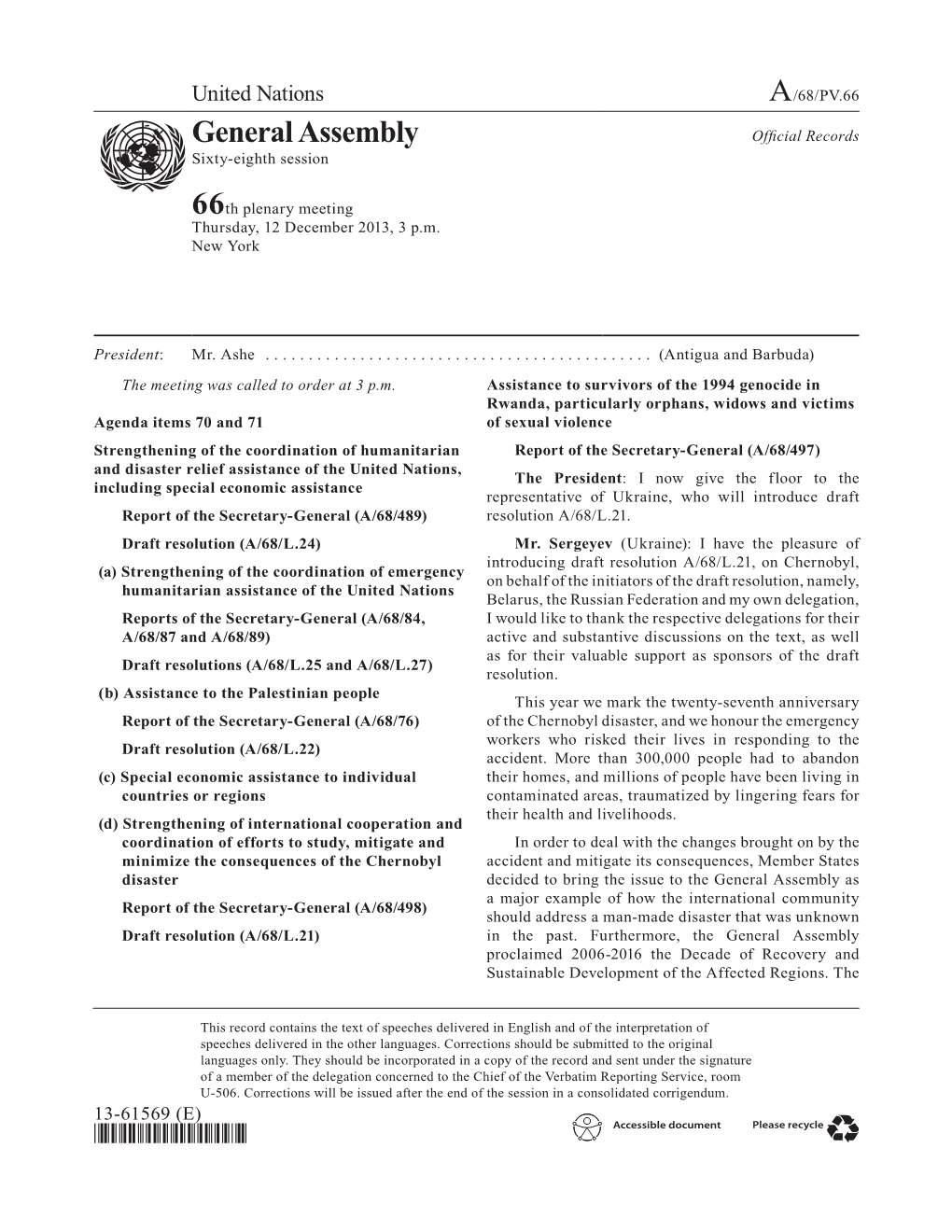 General Assembly Official Records Asdfsixty-Eighth Session 66Th Plenary Meeting Thursday, 12 December 2013, 3 P.M