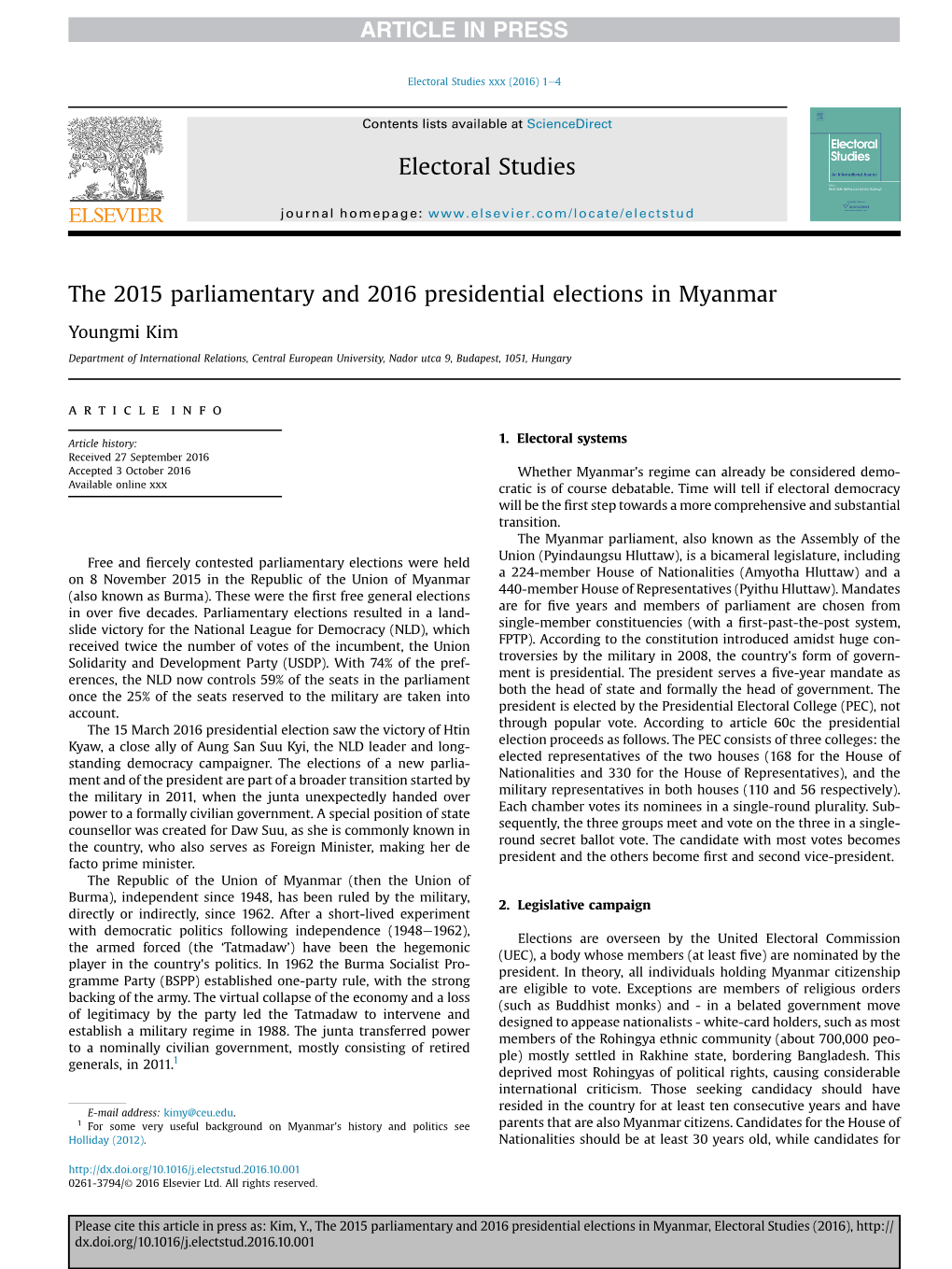 The 2015 Parliamentary and 2016 Presidential Elections in Myanmar