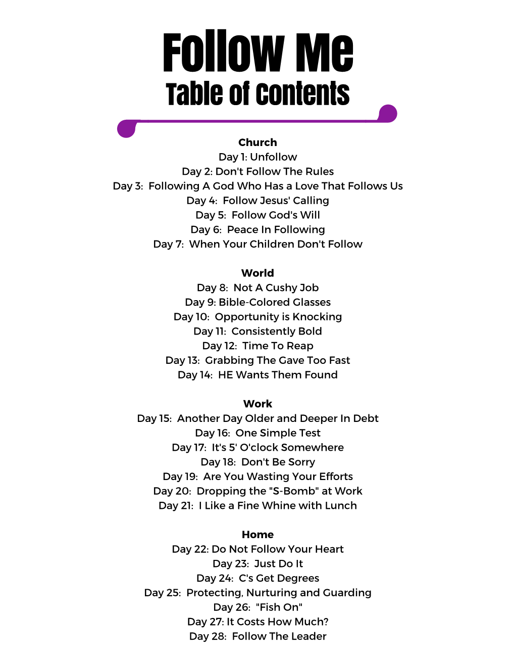 Follow Me Table of Contents
