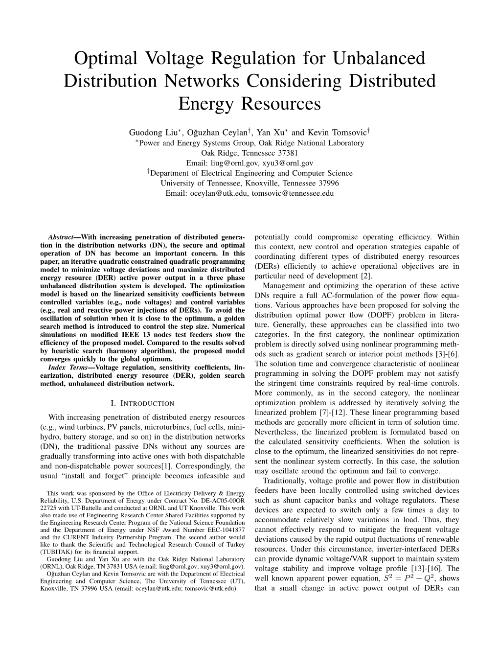 Optimal Voltage Regulation for Unbalanced Distribution Networks Considering Distributed Energy Resources