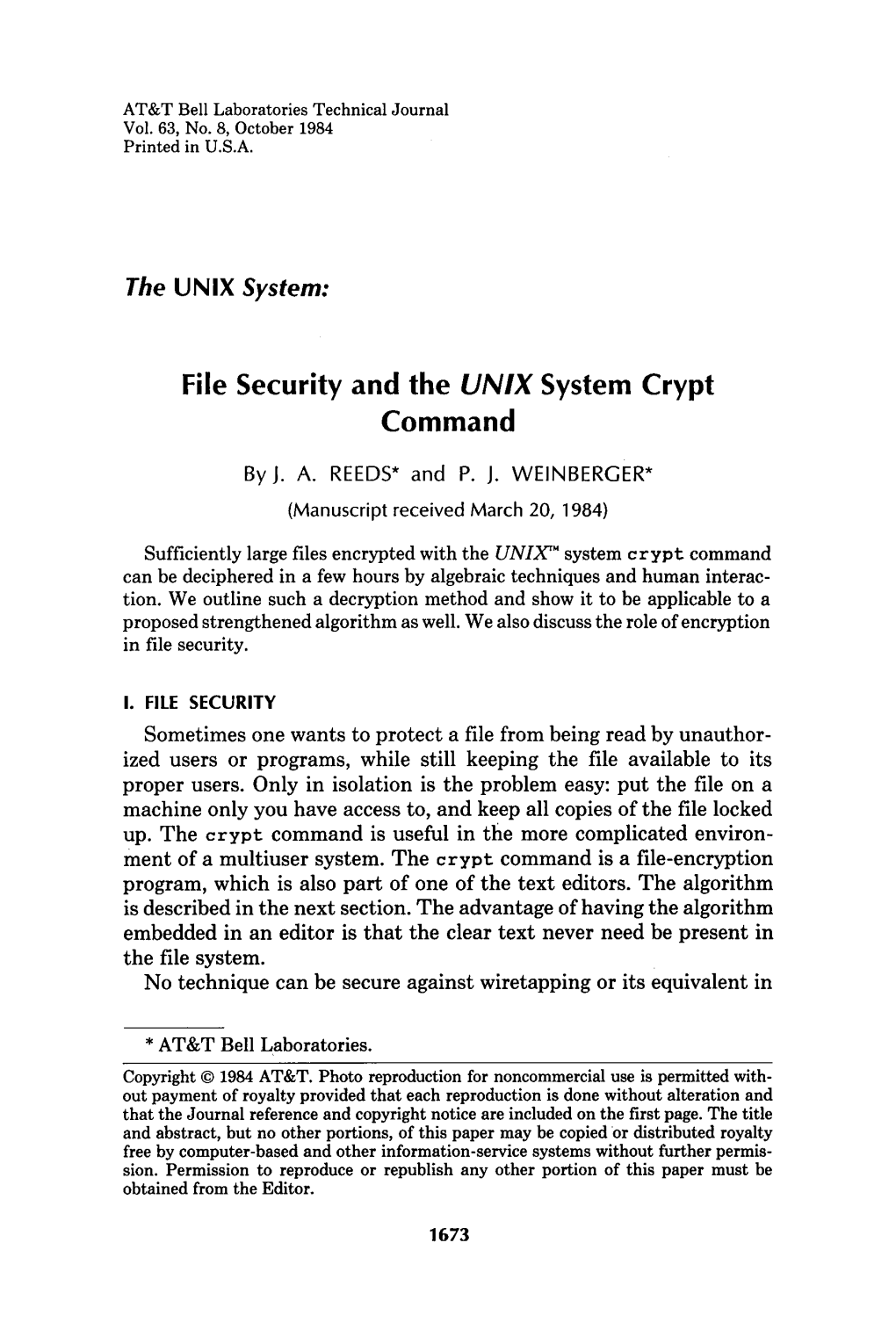 File Security and the UNIX System Crypt Command