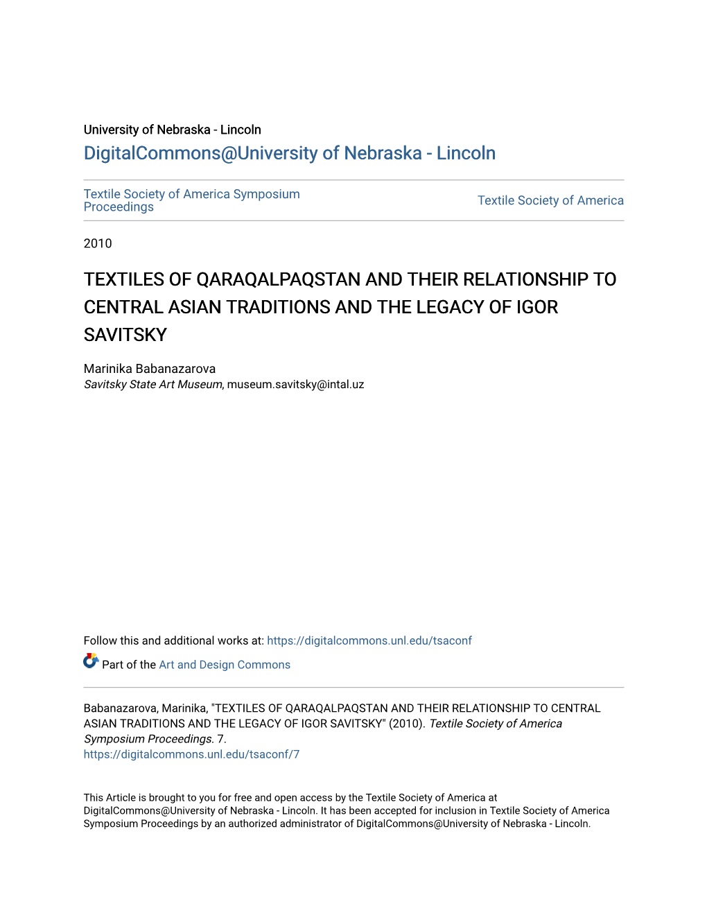 Textiles of Qaraqalpaqstan and Their Relationship to Central Asian Traditions and the Legacy of Igor Savitsky