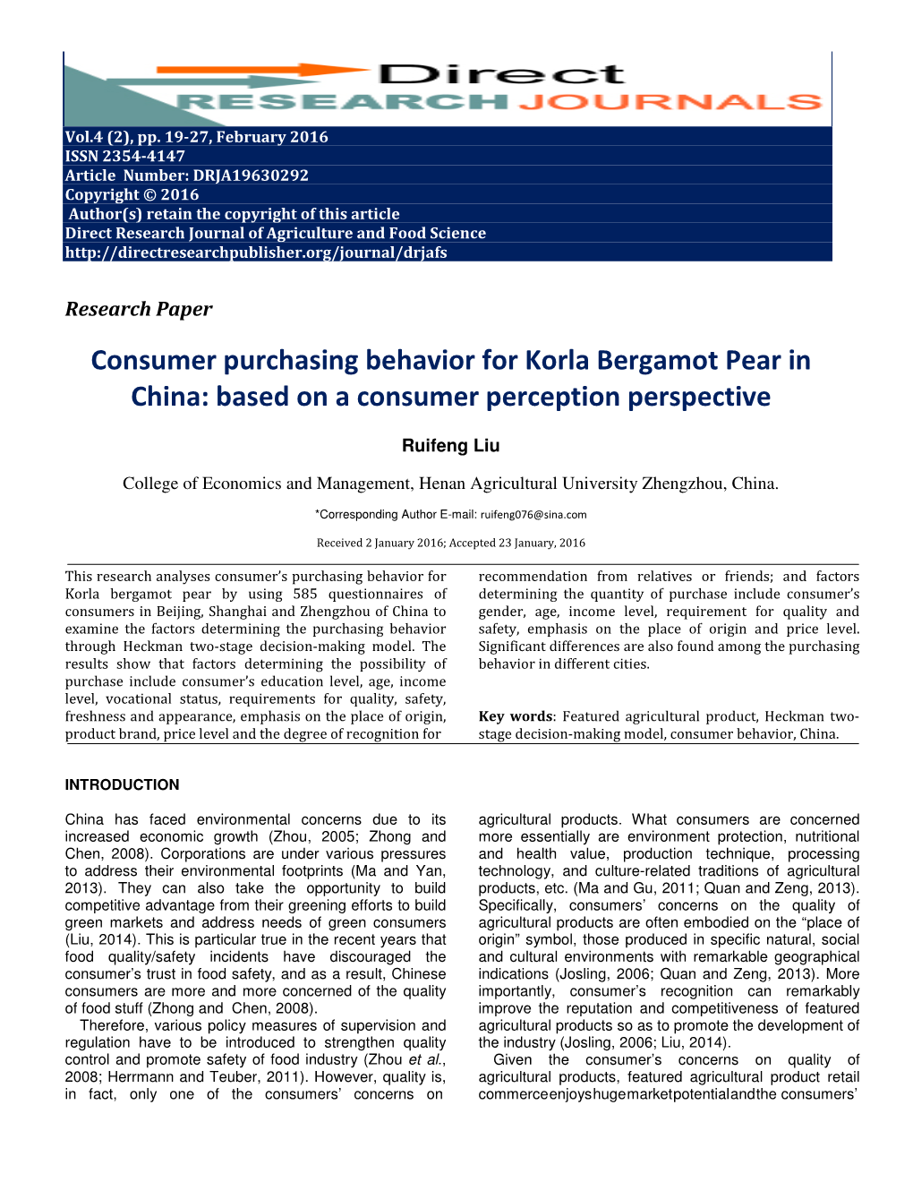 Consumer Purchasing Behavior for Korla Bergamot Pear in China: Based on a Consumer Perception Perspective