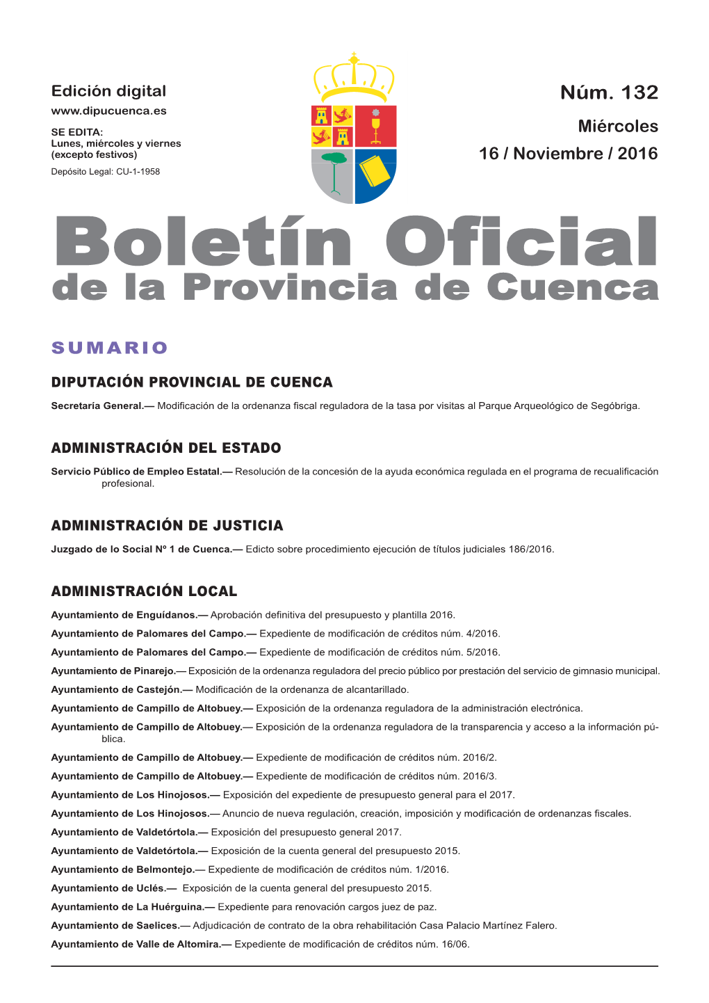 Boletín Oficial De La Provincia De Cuenca Sumario Diputación Provincial De Cuenca