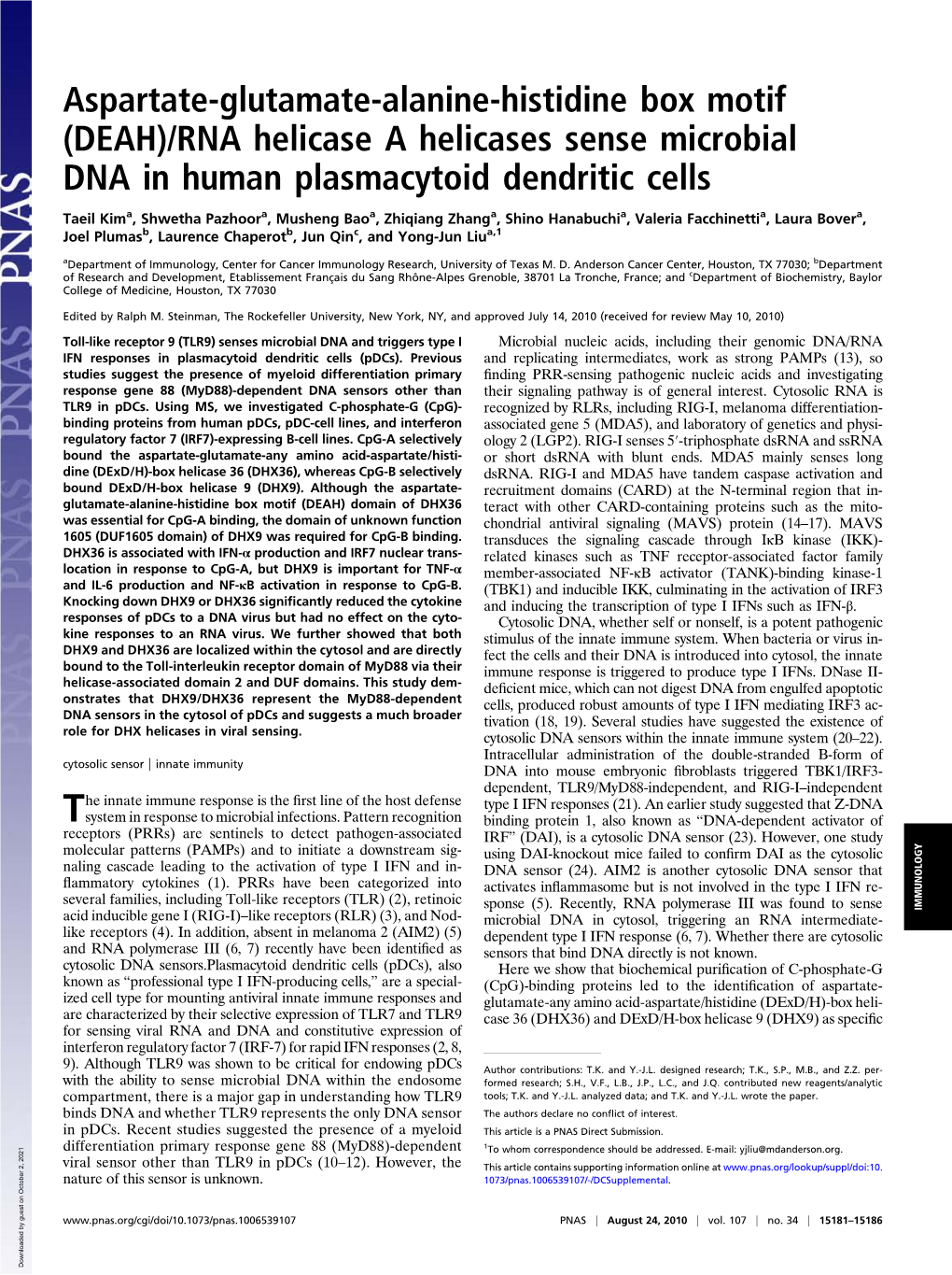 Aspartate-Glutamate-Alanine-Histidine Box Motif (DEAH)/RNA Helicase a Helicases Sense Microbial DNA in Human Plasmacytoid Dendritic Cells