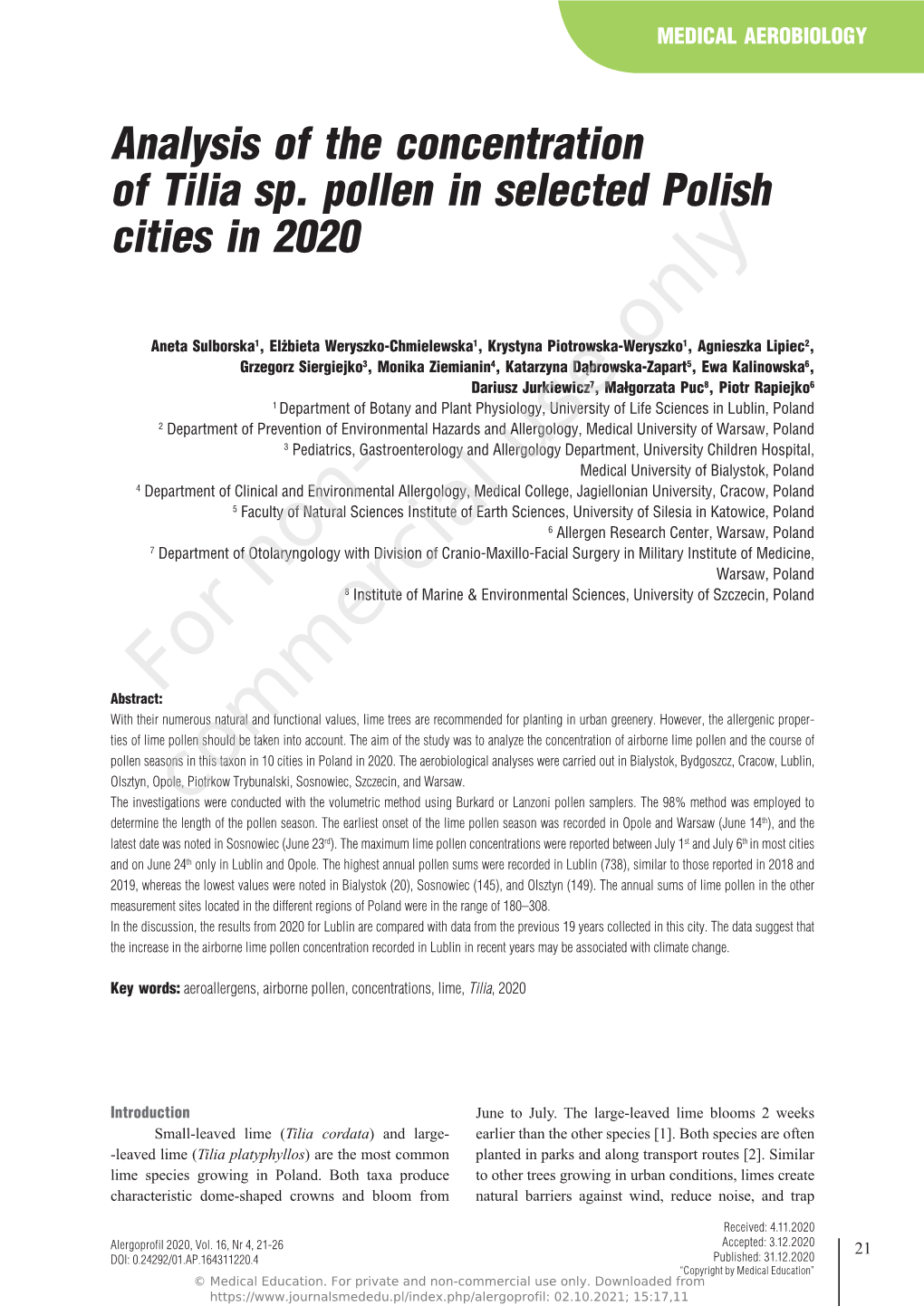 Analysis of the Concentration of Tilia Sp. Pollen in Selected Polish Cities in 2020