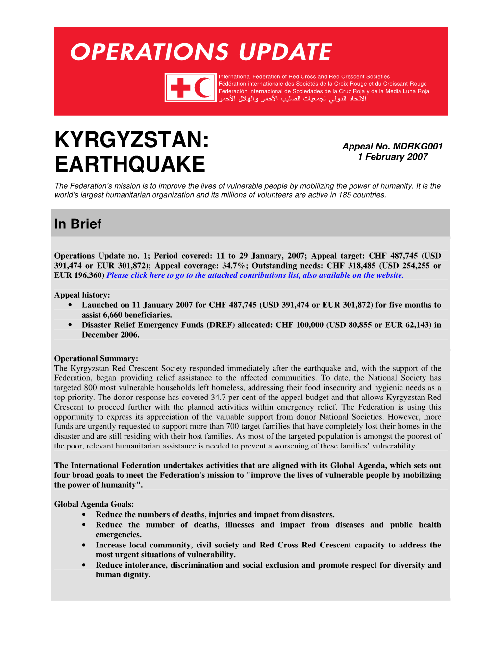 EARTHQUAKE 1 February 2007 the Federation’S Mission Is to Improve the Lives of Vulnerable People by Mobilizing the Power of Humanity