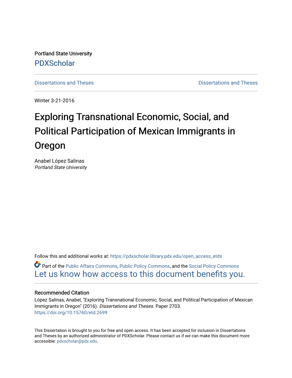 Exploring Transnational Economic, Social, and Political Participation of Mexican Immigrants in Oregon