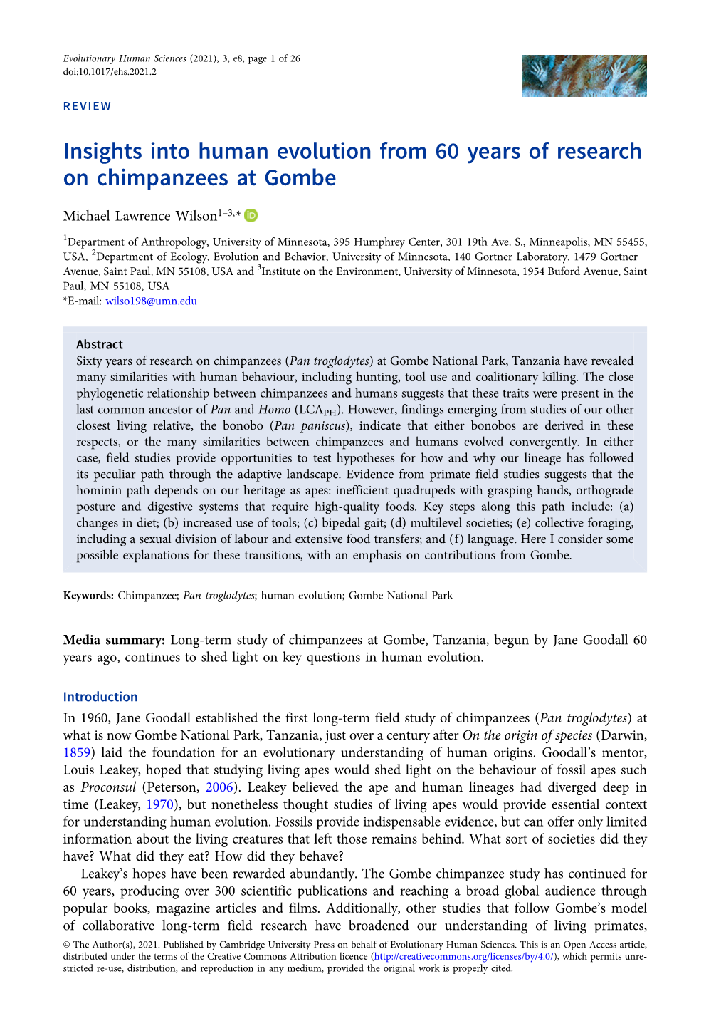 Insights Into Human Evolution from 60 Years of Research on Chimpanzees at Gombe