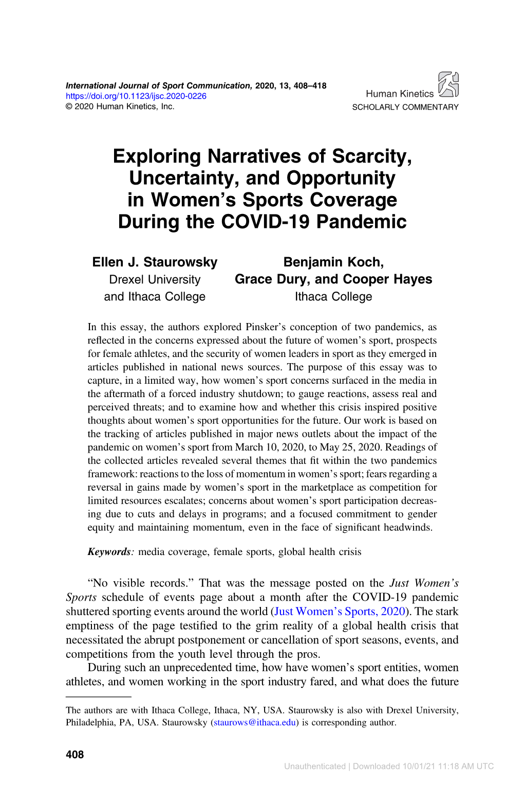 Exploring Narratives of Scarcity, Uncertainty, and Opportunity in Women’S Sports Coverage During the COVID-19 Pandemic