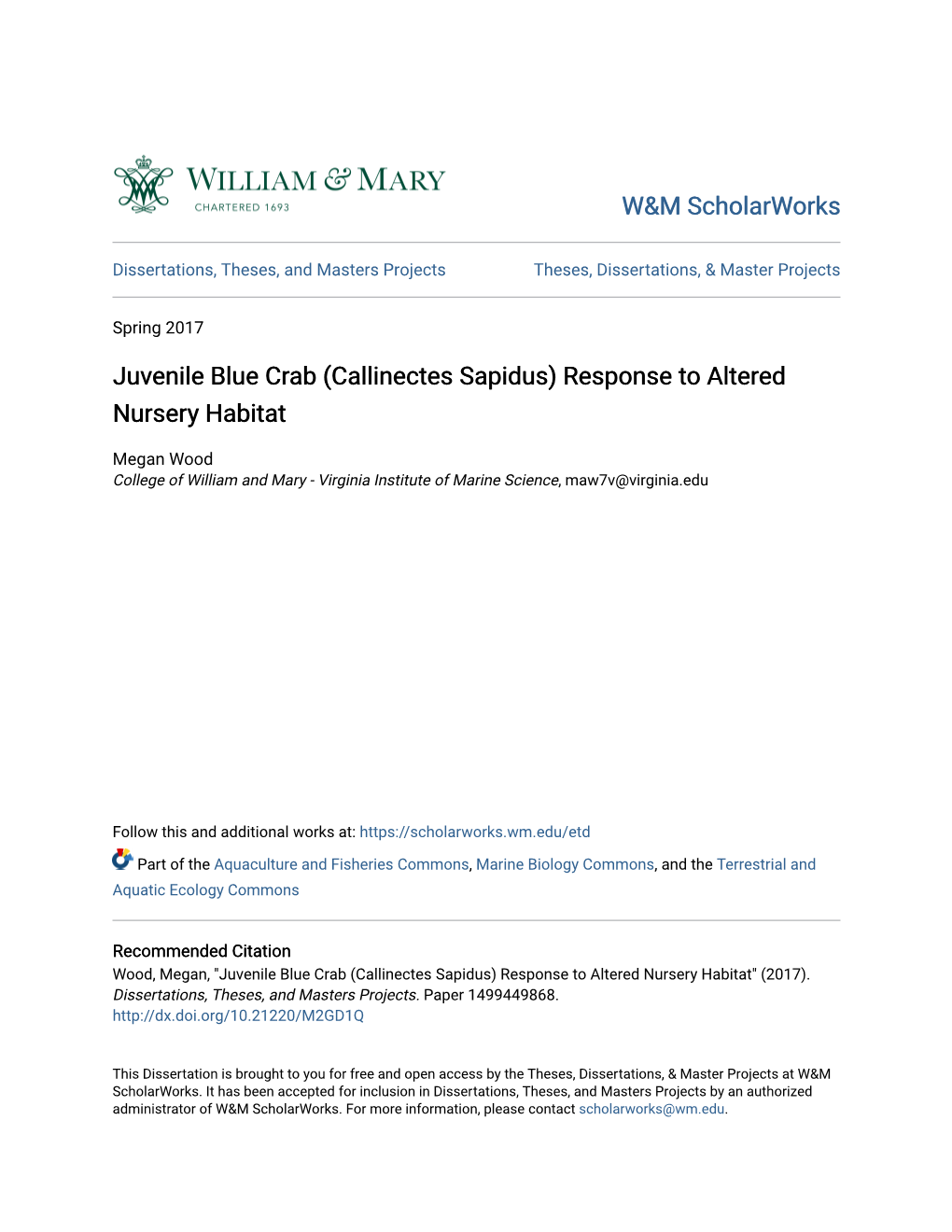 Callinectes Sapidus) Response to Altered Nursery Habitat