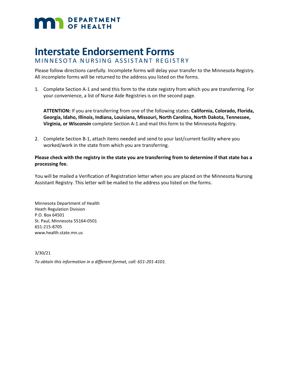 Interstate Endorsement Forms for Minnesota Nursing Assistant Registry