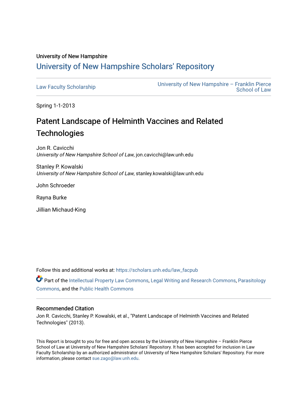 Patent Landscape of Helminth Vaccines and Related Technologies